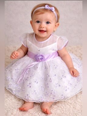 Elegant White and Lilac Baby Girl Formal Dress with Satin Sash